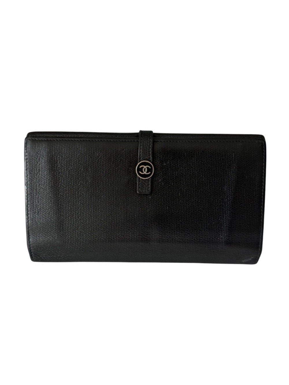 Chanel Coco Button Long Wallet Black Caviar Leather CC Snap Vintage Bifold